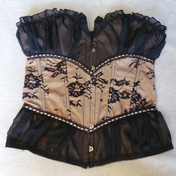 Tan Black Mesh Lace Overbust Corset Bustier Top Y2K vintage nwt - Picture 5 of 17